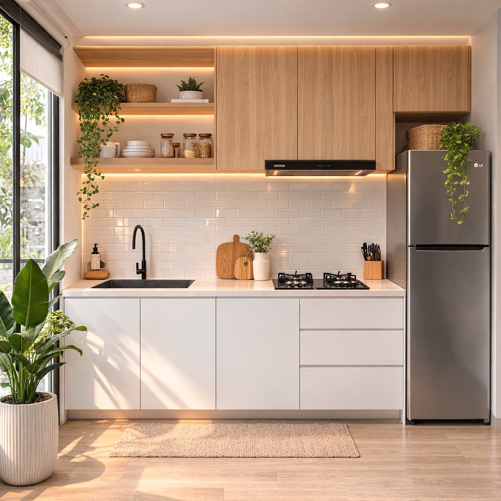 Kitchen set minimalis Scandinavian yang terang, simpel, dan fungsional