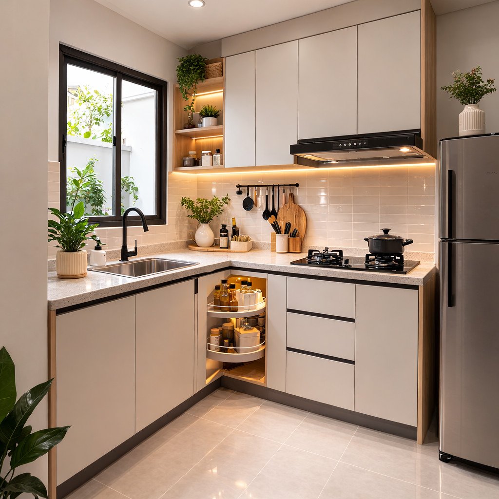 Kitchen set minimalis cerah dengan sentuhan kayu khas Skandinavia