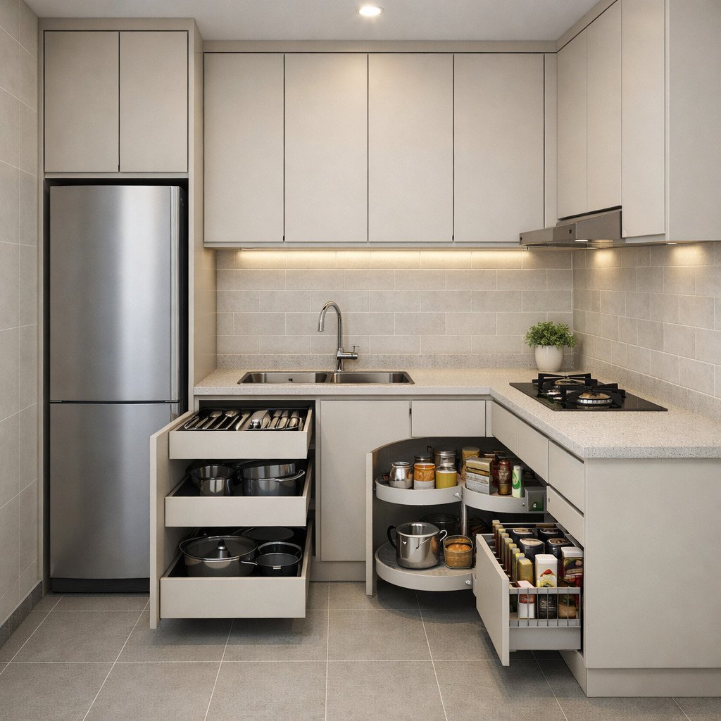 Kitchen set minimalis full storage yang rapi untuk dapur kecil