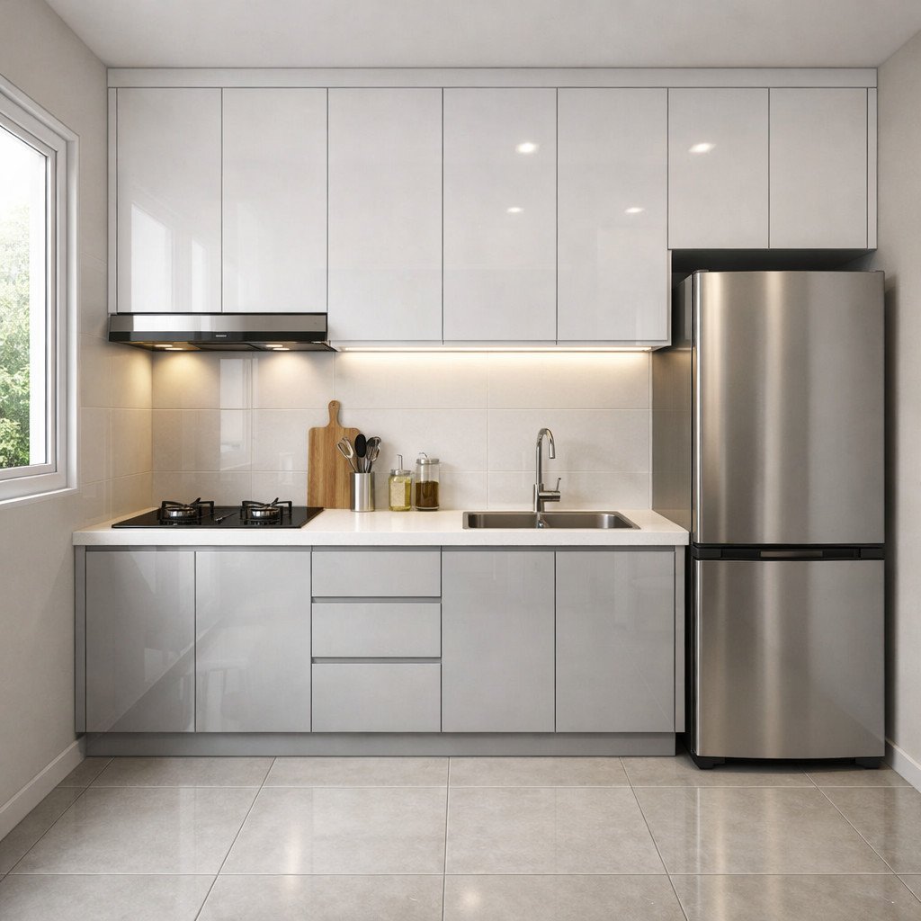 Kitchen set minimalis glossy yang bersih dan terlihat elegan