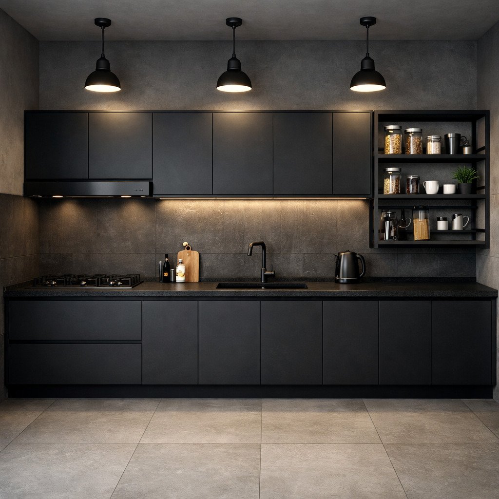 Kitchen set minimalis industrial dengan aksen kayu dan rak besi terbuka
