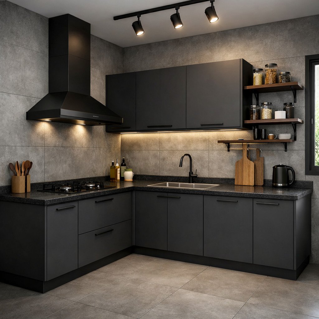 Kitchen set minimalis industrial dengan nuansa tegas dan modern