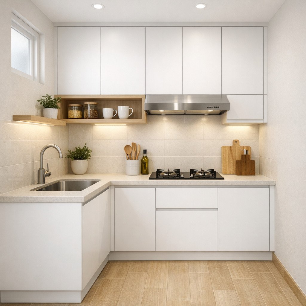 Kitchen set minimalis putih yang membuat dapur kecil terasa lebih luas