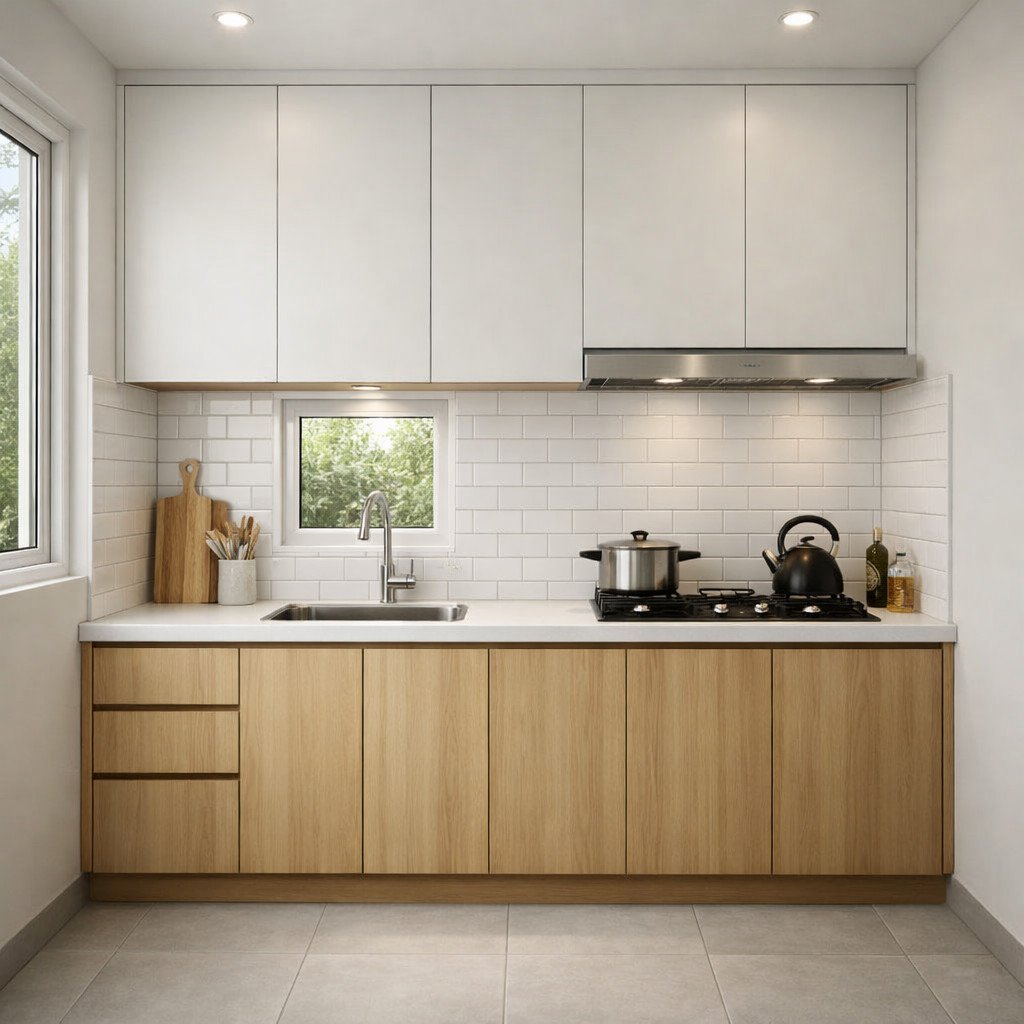 Kitchen set minimalis satu garis yang rapi dan efisien untuk dapur kecil