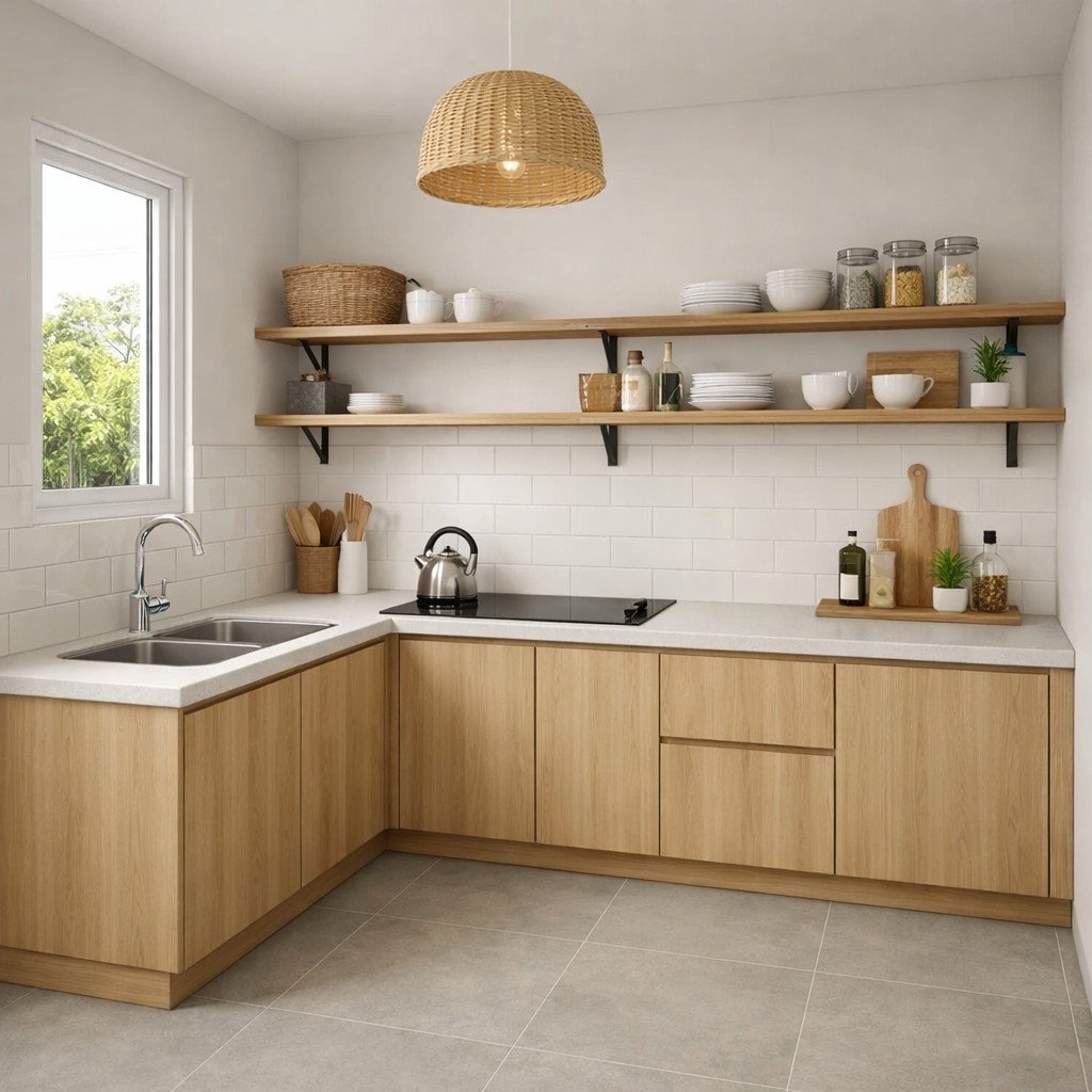 Kitchen set minimalis tanpa kabinet atas terasa lebih lega dan terang