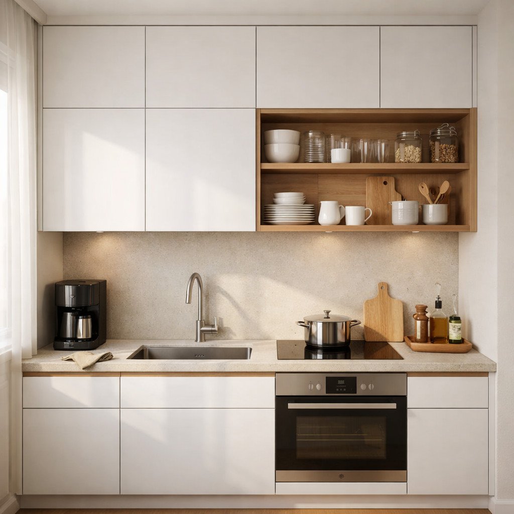 Kitchen set minimalis untuk dapur kecil dengan kabinet rapi dan kombinasi warna terang yang membuat ruang dapur terasa lebih lega dan terorganisir