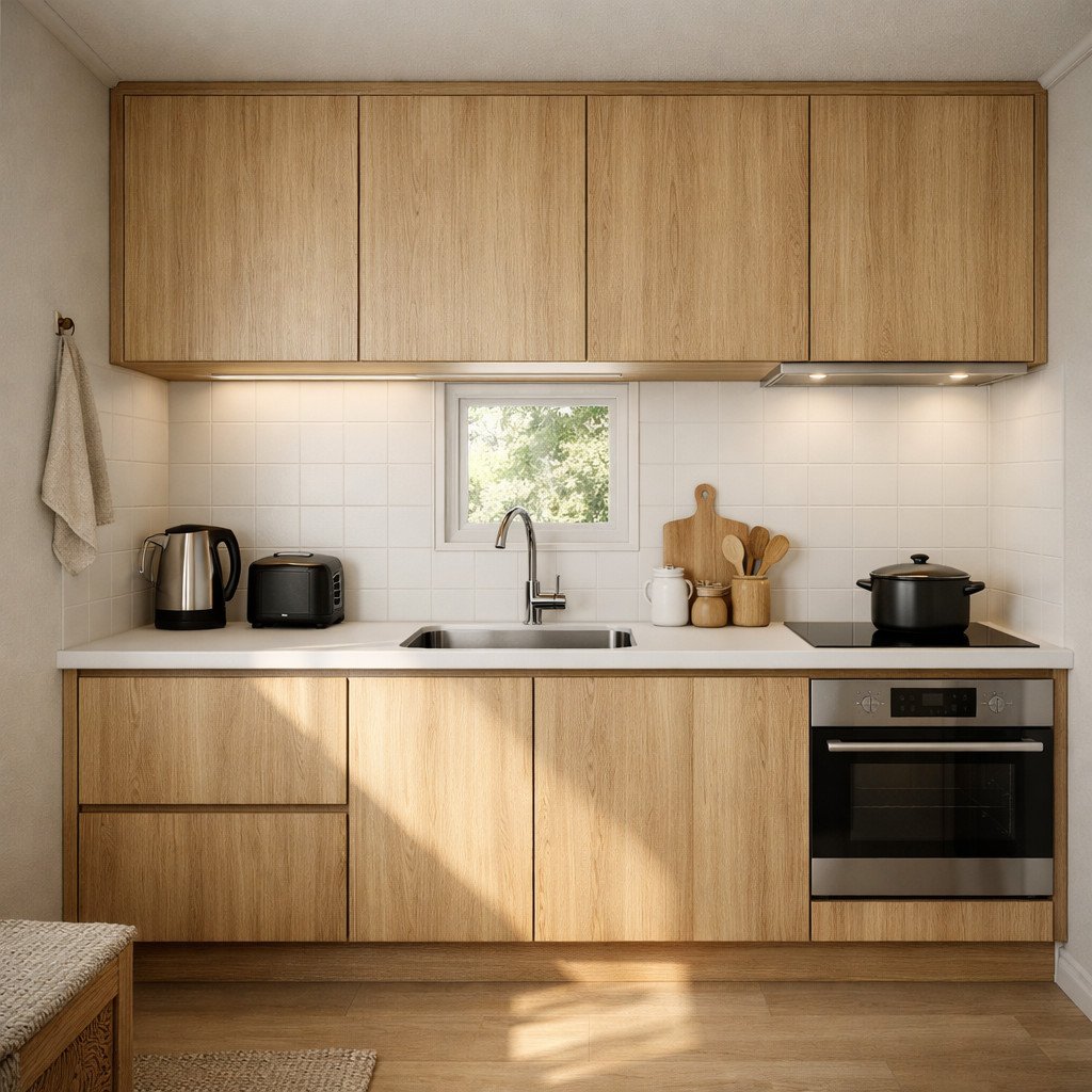 Kitchen set minimalis untuk dapur kecil dengan kabinet sederhana dan nuansa terang yang membuat ruang terasa lebih lega dan rapi