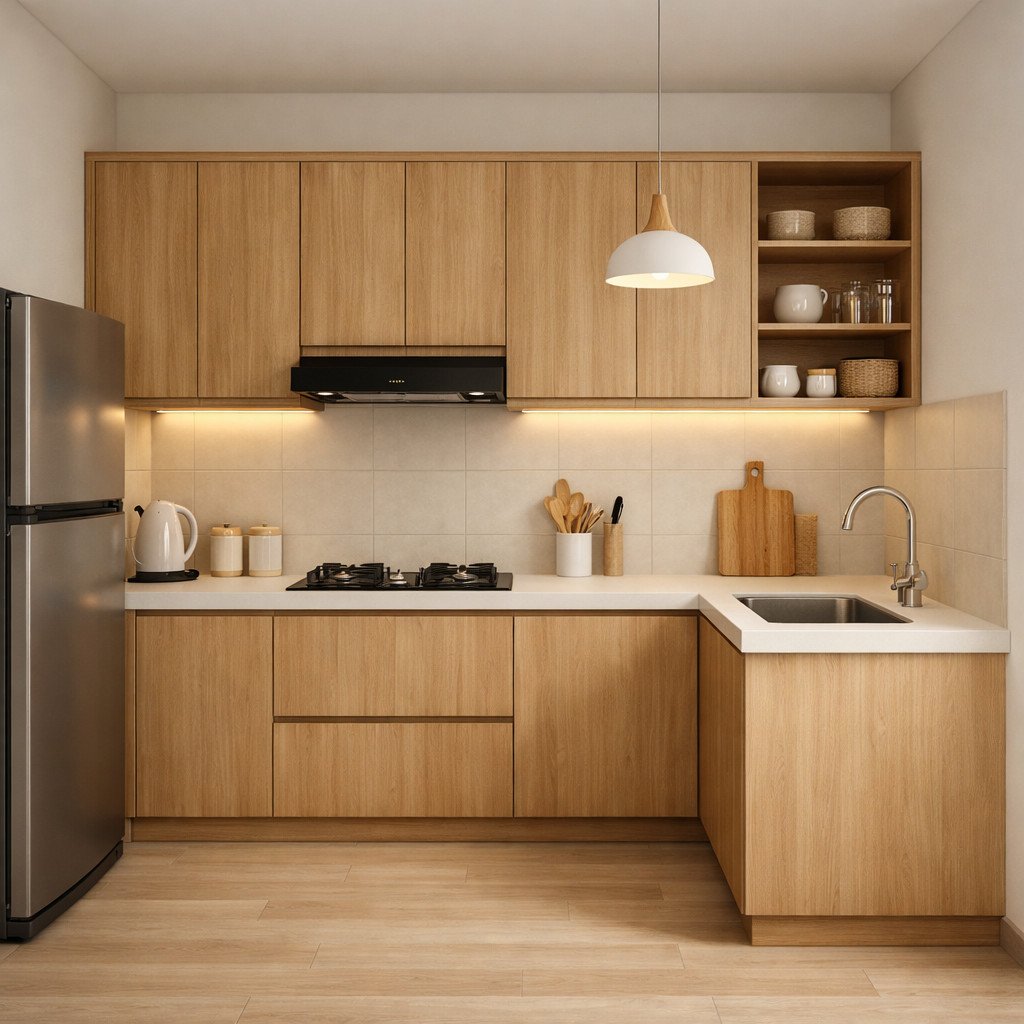 Kitchen set modern Japandi dengan nuansa hangat dan natural