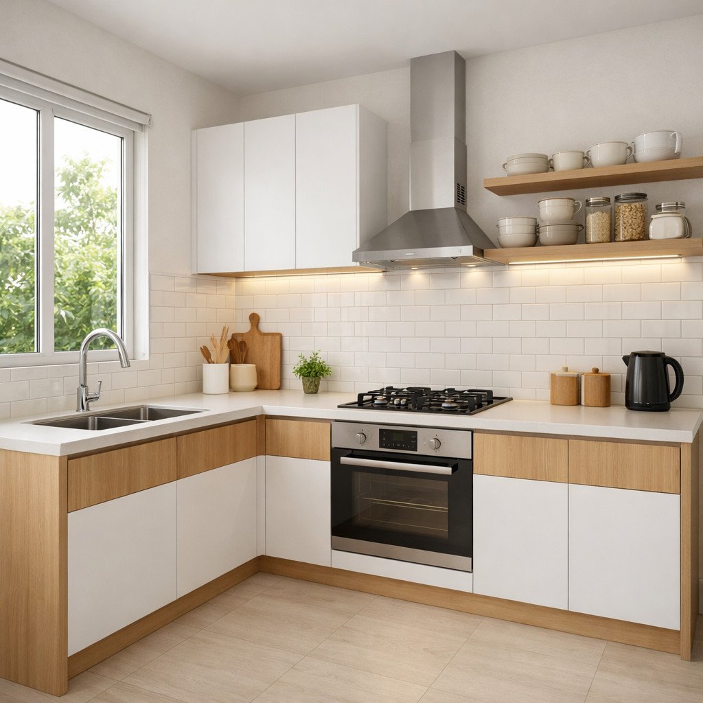 Kitchen set modern Scandinavian yang terang dan terasa lebih lapang
