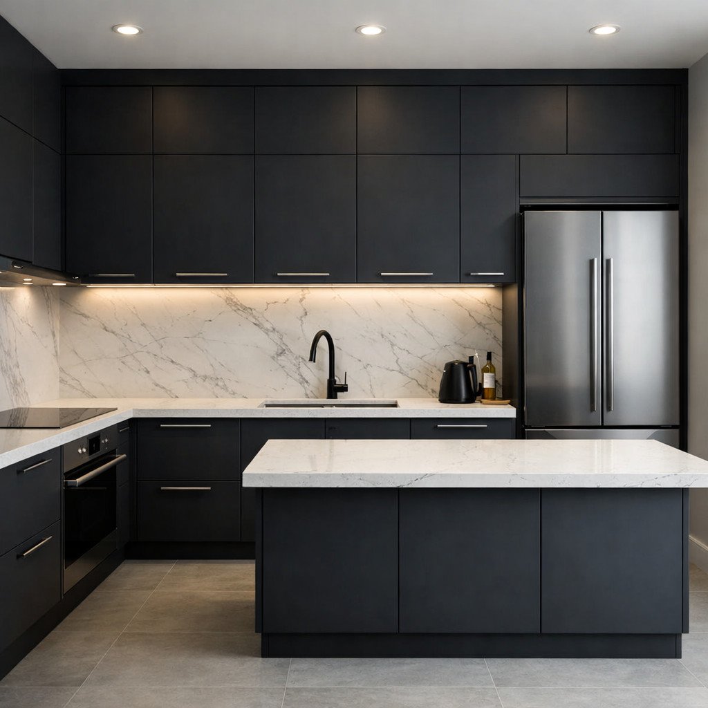 Kitchen set modern contemporary dengan kontras elegan dan finishing mewah