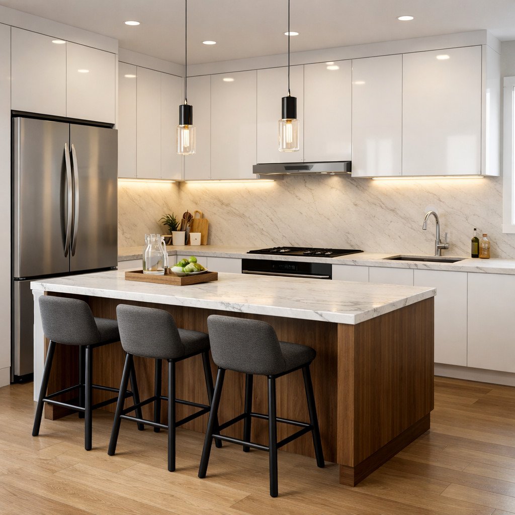 Kitchen set modern dengan island elegan dan komposisi material kontras