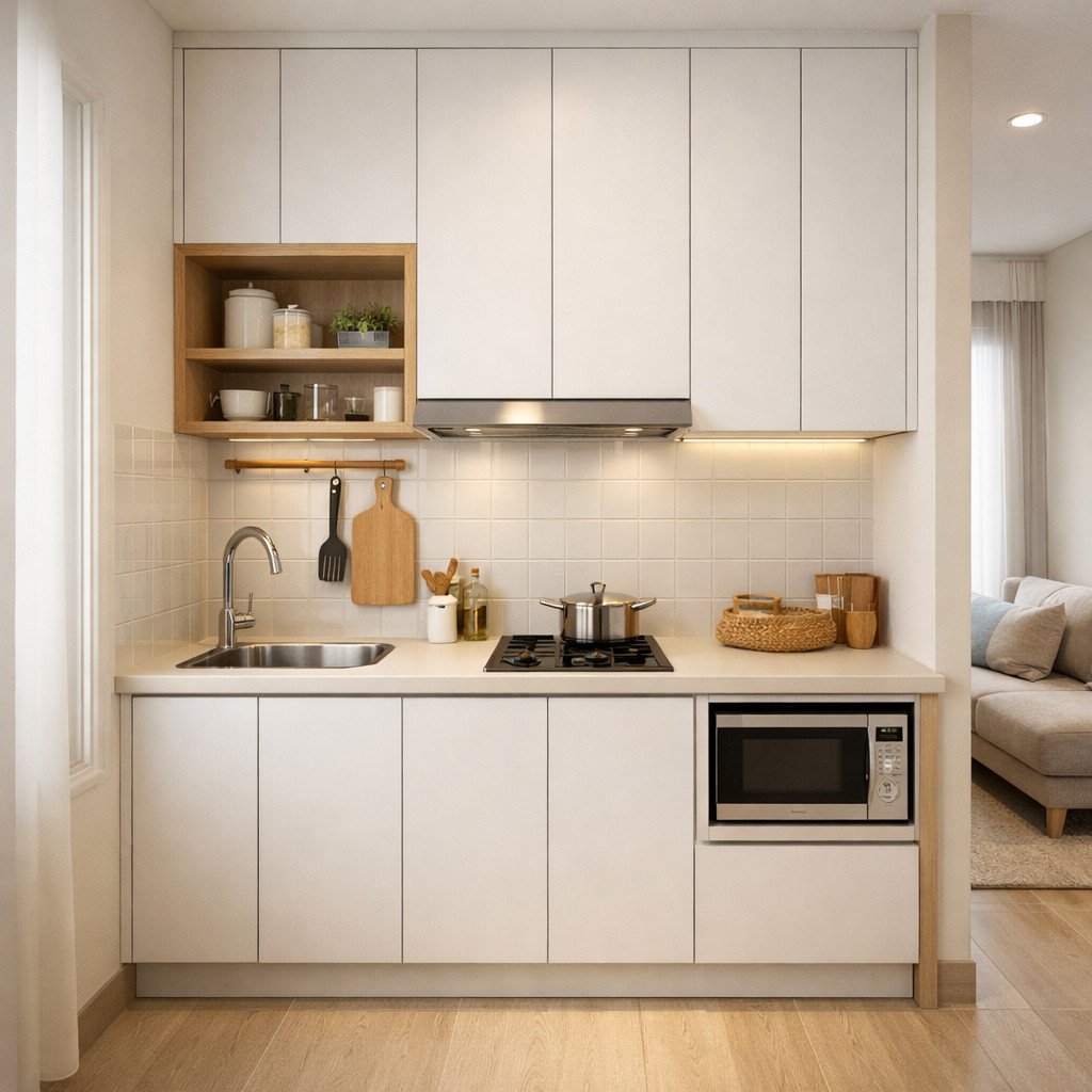 Kitchen set terang bergaya Skandinavia untuk dapur kecil terasa luas