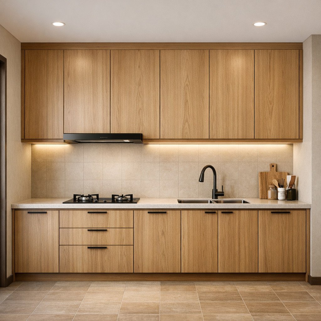 Kitchen set veneer kayu natural yang hangat dan terasa premium