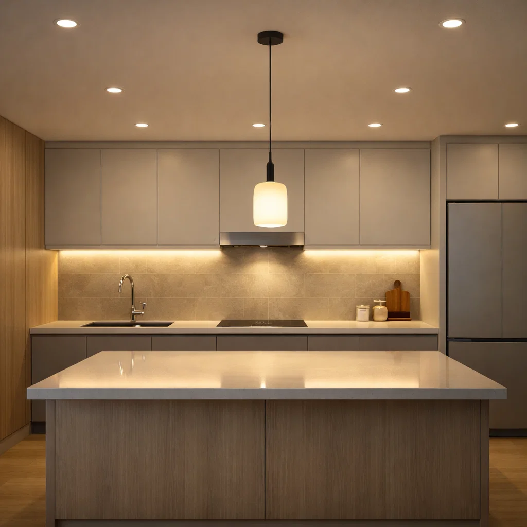 Kombinasi downlight, LED strip, dan lampu gantung menciptakan pencahayaan dapur yang tidak hanya terang, tetapi juga nyaman dan estetik—ideal untuk aktivitas memasak hingga suasana hangat di malam hari