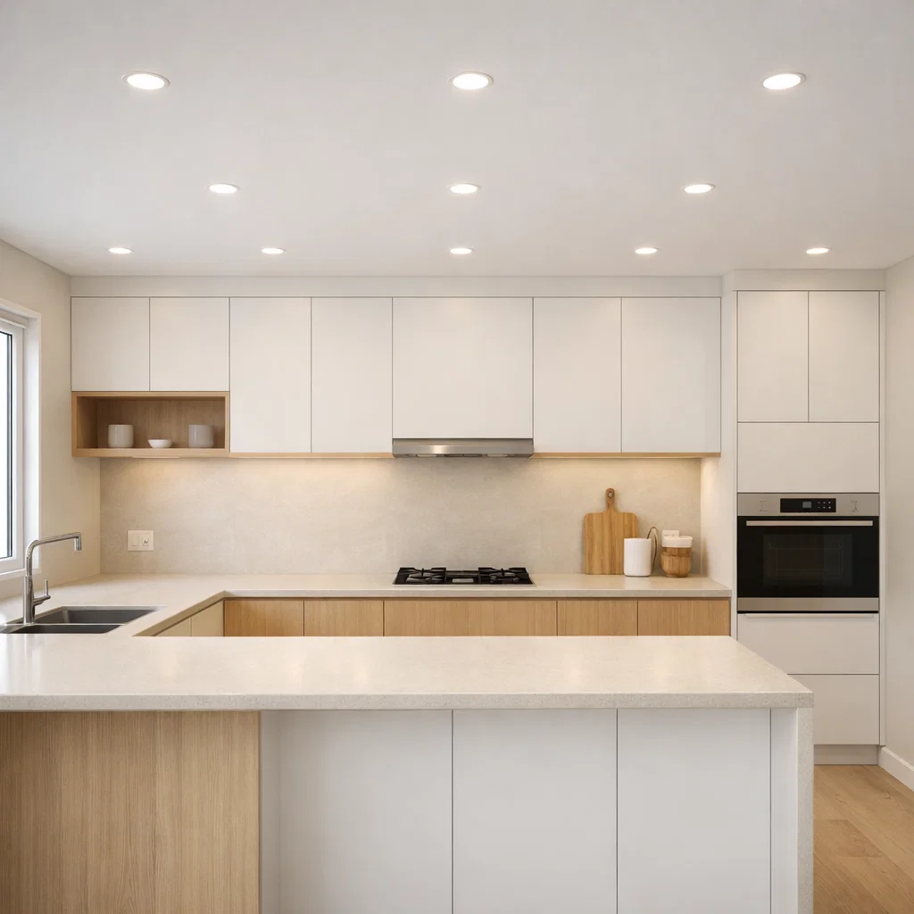 Lampu downlight recessed memberikan pencahayaan merata tanpa mengganggu tampilan dapur, menciptakan suasana bersih, modern, dan terasa lebih luas dengan desain yang simpel namun elegan