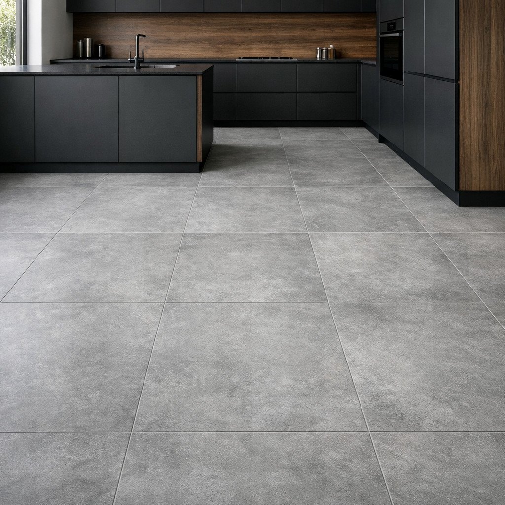 Lantai dapur motif beton dengan homogeneous tile menghadirkan tampilan industrial yang modern, kuat, dan minim perawatan—pilihan ideal untuk dapur minimalis yang ingin tampil tegas dan elegan tanpa ribet