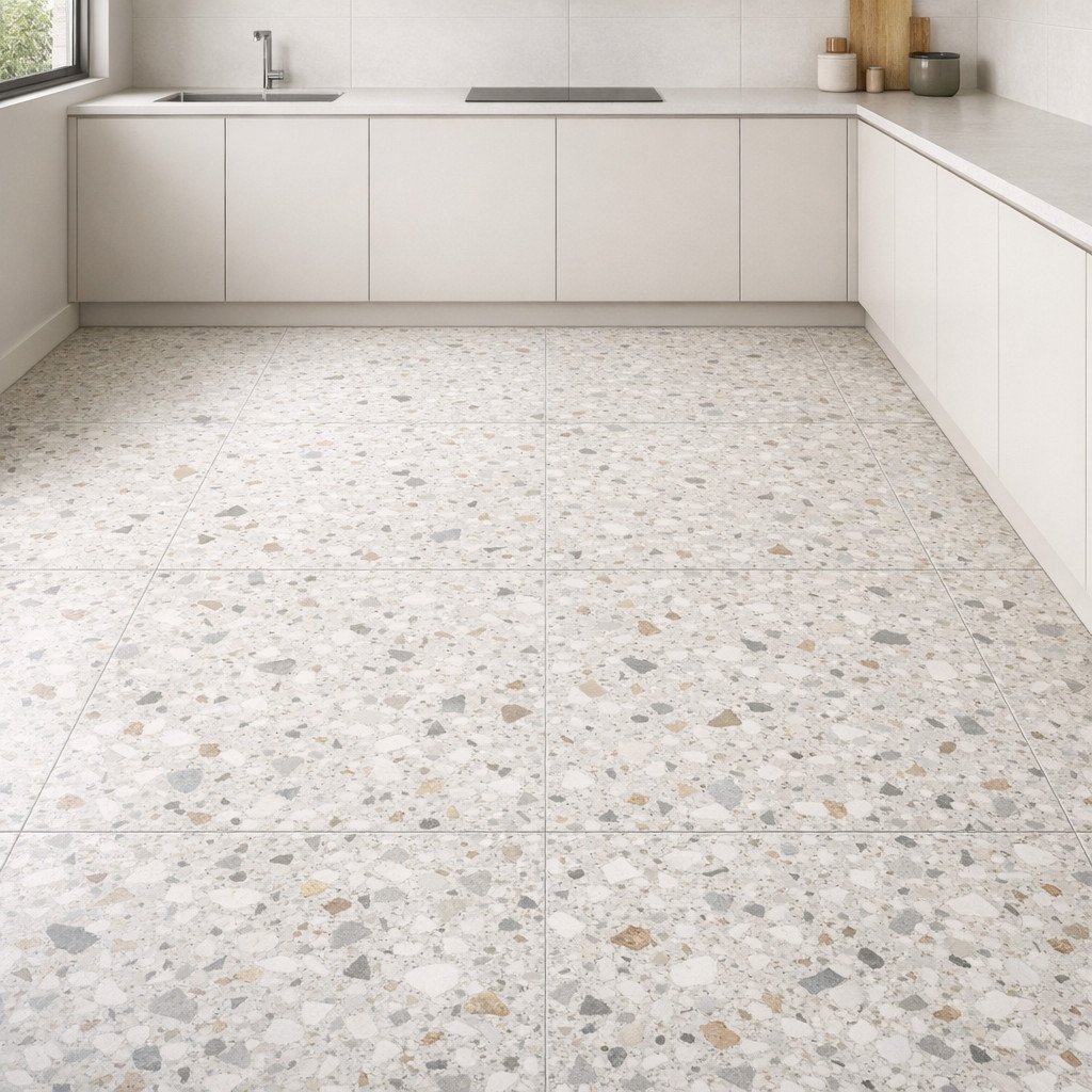 Lantai teraso modern memberikan sentuhan artistik yang halus tanpa mengganggu kesan minimalis—pilihan tepat untuk dapur yang ingin tampil unik, clean, dan tetap timeless