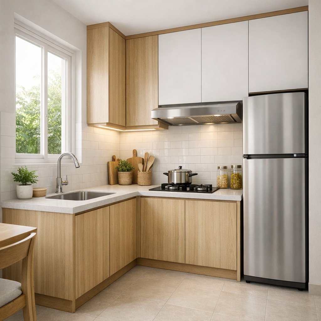 Layout dapur L-shape yang memaksimalkan sudut ruang sempit