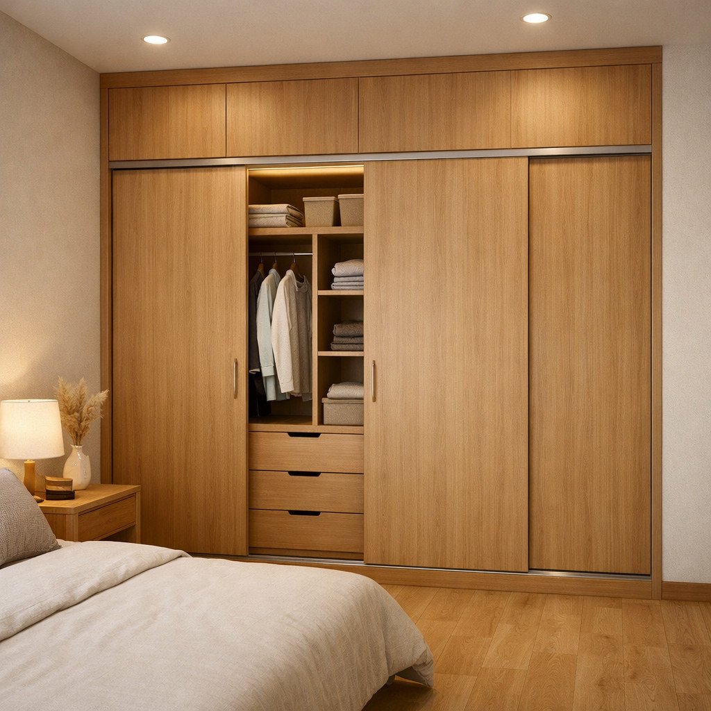 Lemari Japandi minimalis dengan wood tone hangat yang terasa homey