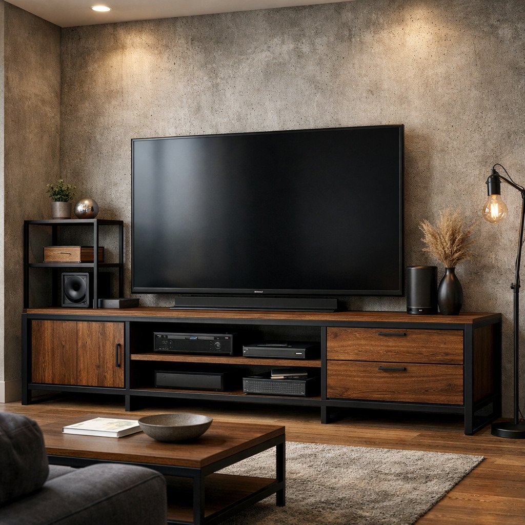 Lemari TV Industrial Modern dengan kombinasi metal hitam dan kayu gelap