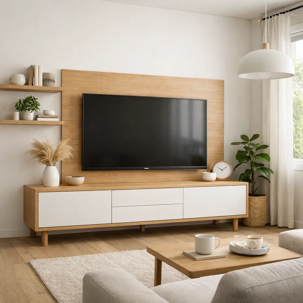 Lemari TV Scandinavian dengan kombinasi putih dan kayu yang hangat