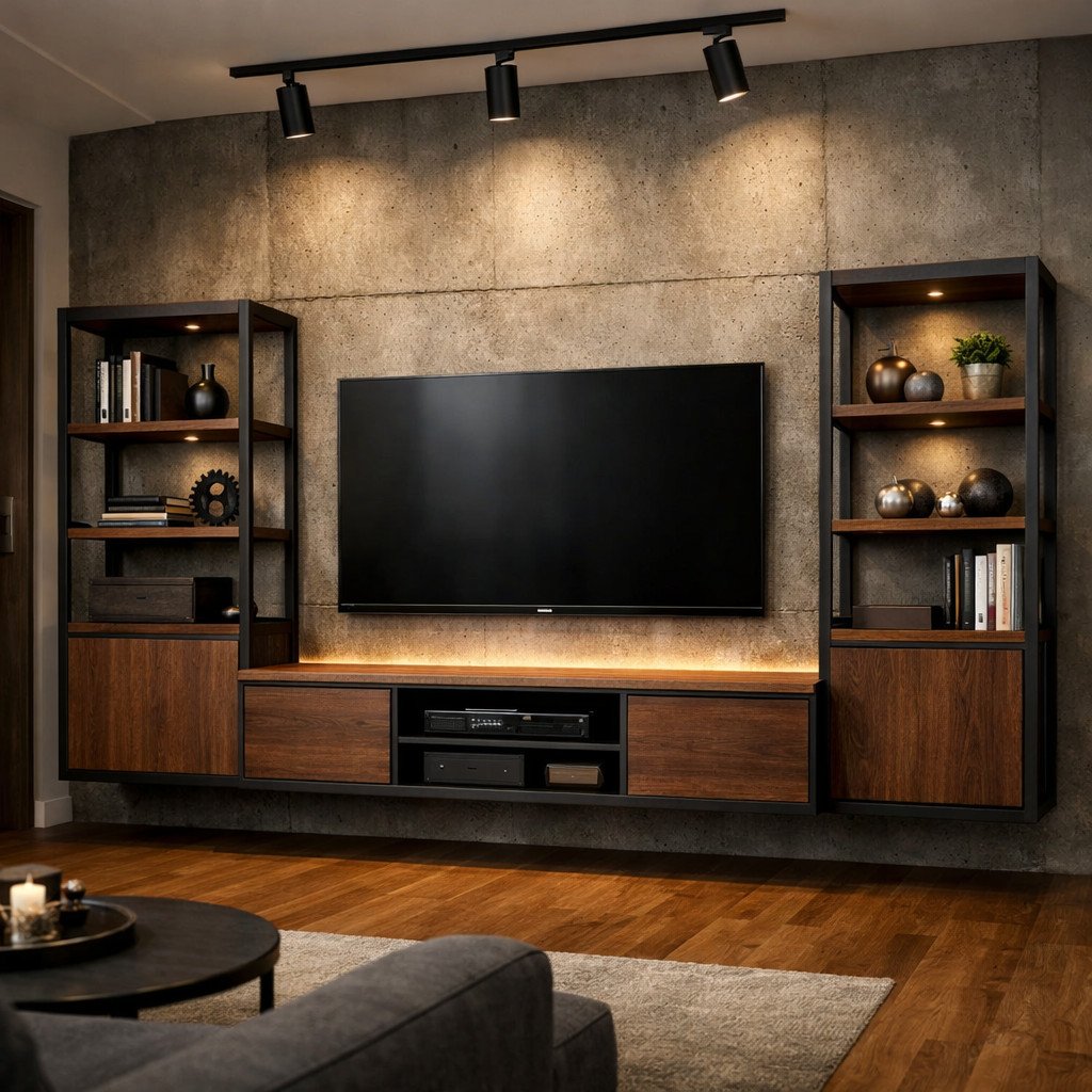 Lemari TV industrial dengan beton ekspos dan aksen besi hitam