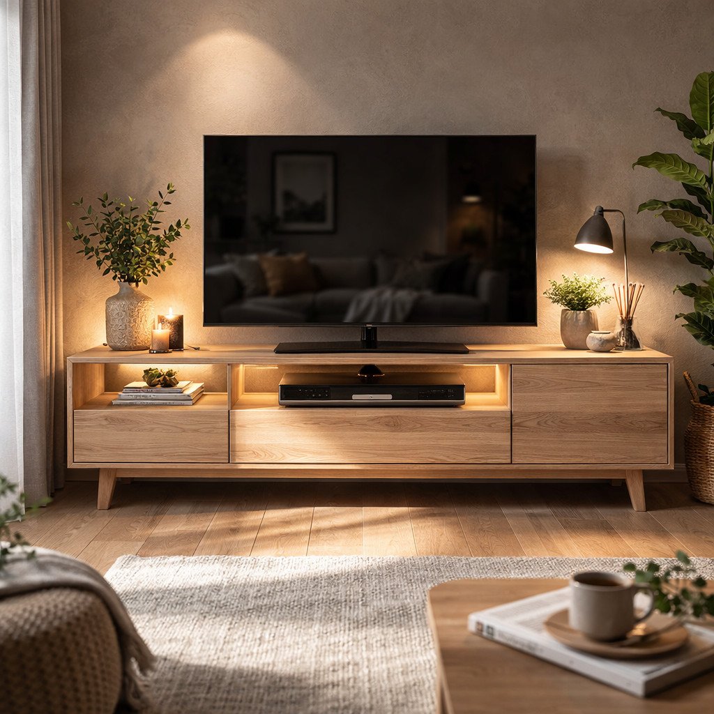 Lemari TV minimalis dengan keseimbangan terbuka dan tertutup ala Skandinavia