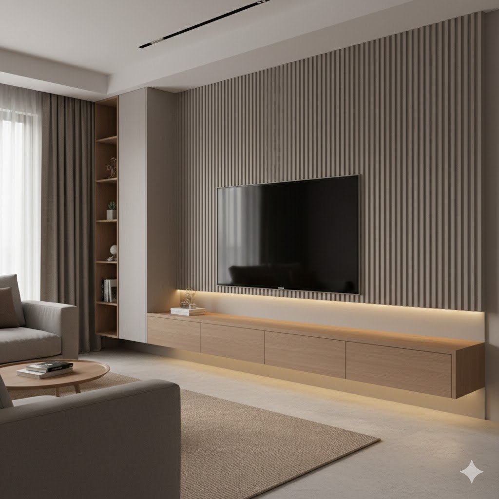 Lemari TV minimalis modern dengan kabinet melayang dan panel dinding elegan yang menyatu rapi dalam ruang keluarga kontemporer
