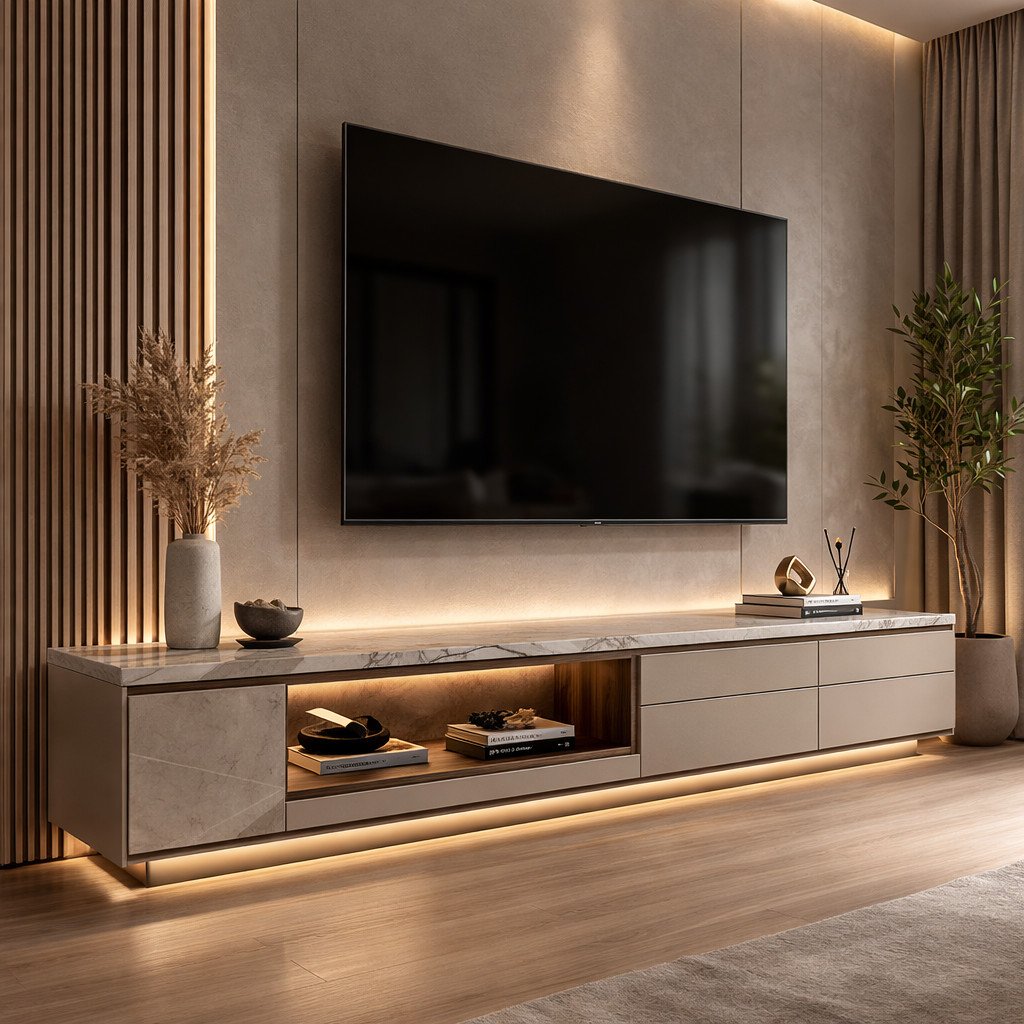 Lemari TV minimalis modern dengan sentuhan luxury yang elegan dan fungsional