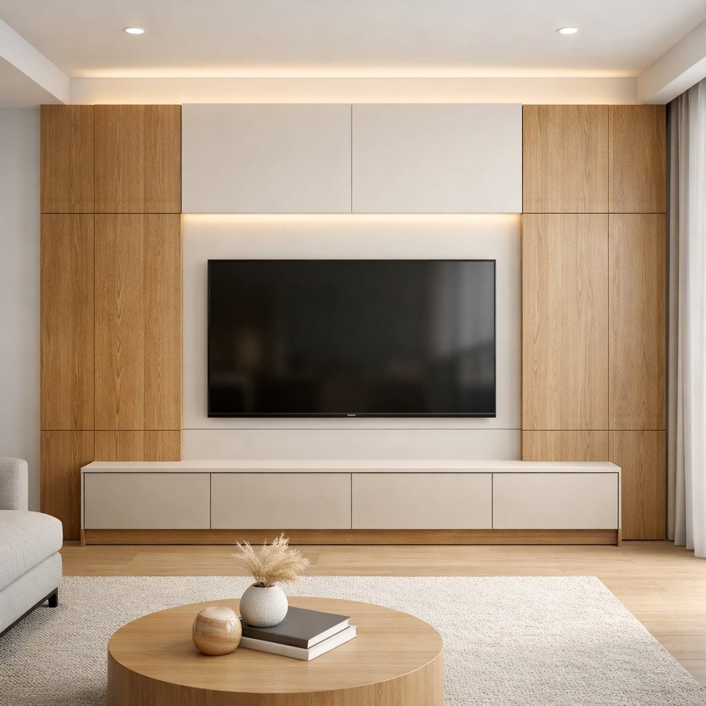 Lemari TV modern dengan panel dinding penuh yang terintegrasi dan rapi
