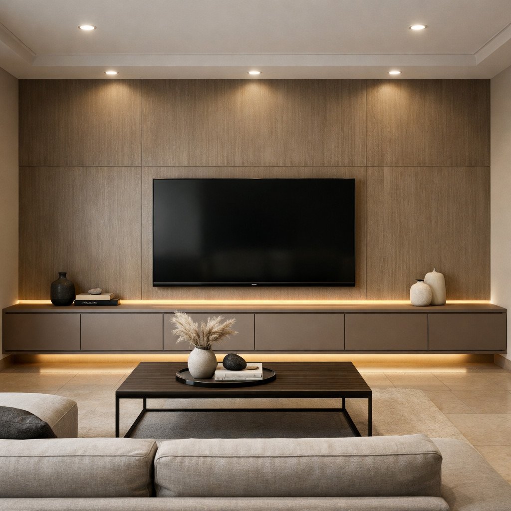 Lemari TV quiet luxury dengan panel elegan dan pencahayaan lembut