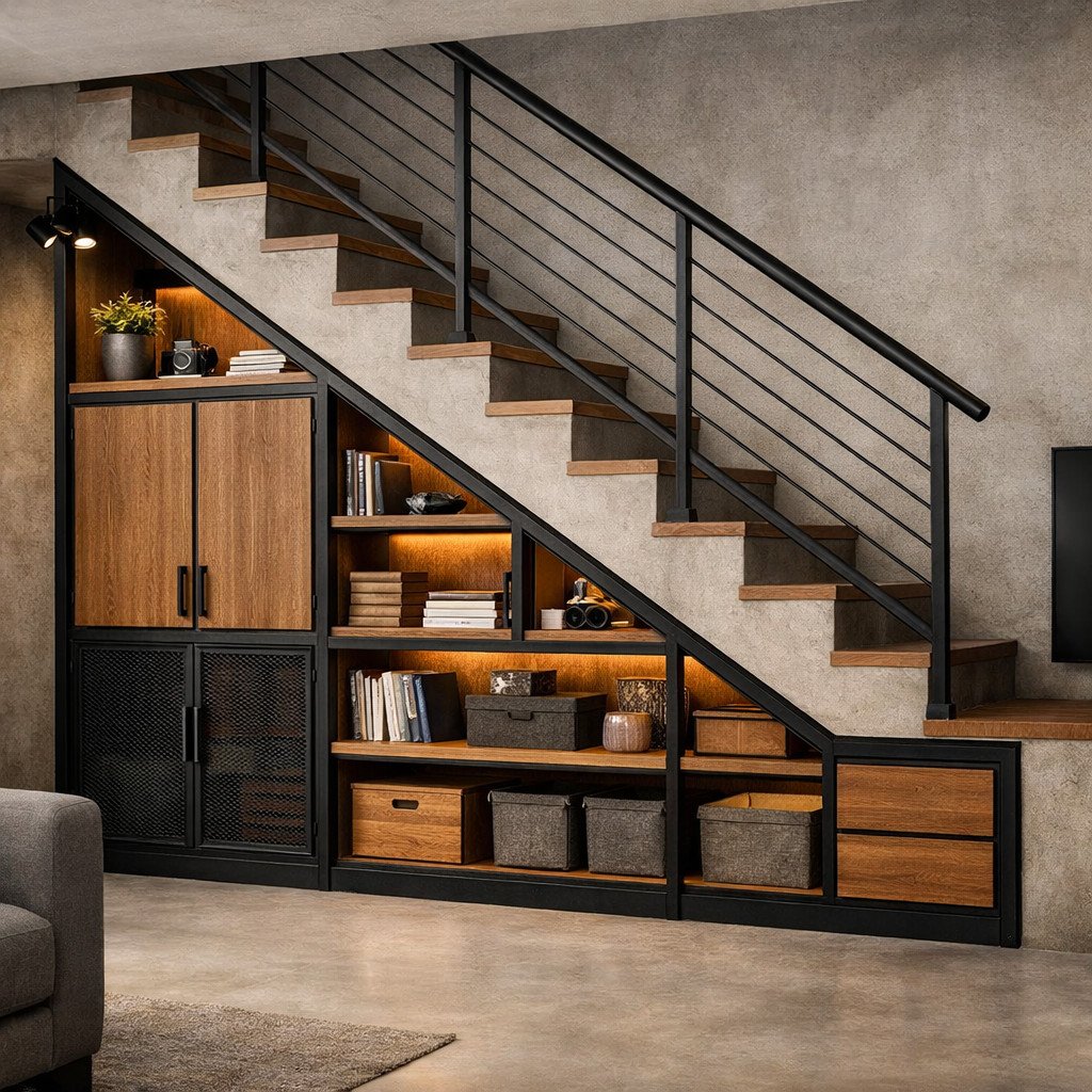 Lemari bawah tangga industrial dengan kombinasi besi dan kayu solid