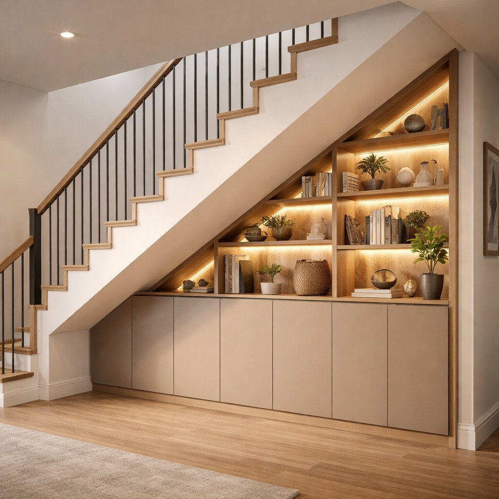 Lemari bawah tangga kombinasi display dan storage yang estetik dan rapi