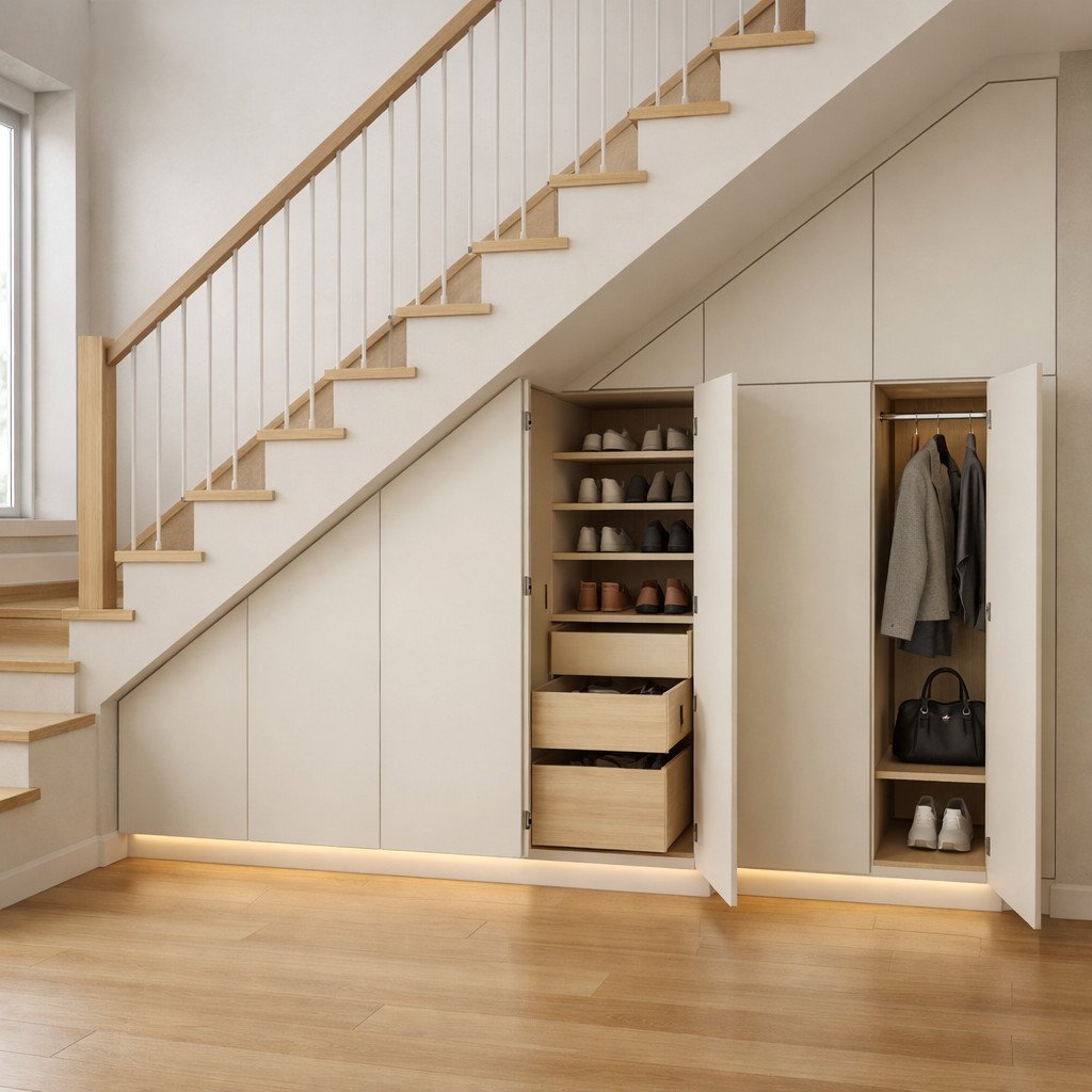 Lemari bawah tangga minimalis dengan panel tersembunyi yang rapi
