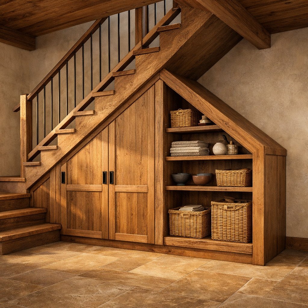Lemari bawah tangga rustic dengan tekstur kayu yang hangat dan natural