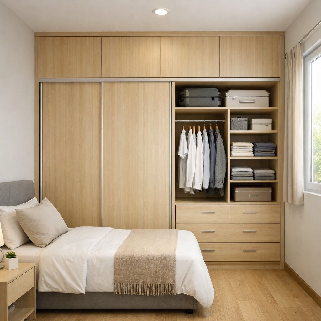 Lemari built-in full height untuk kamar sempit yang tetap rapi dan lega