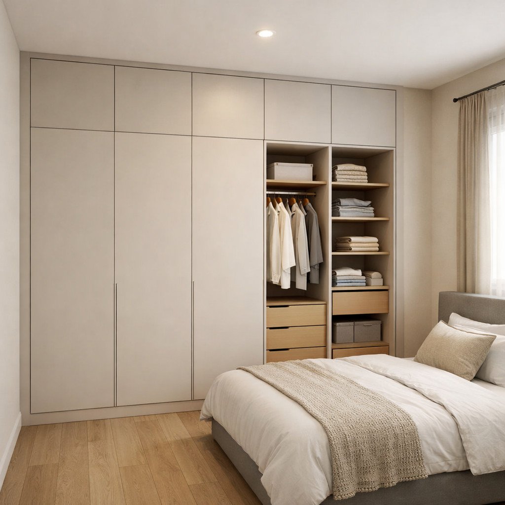 Lemari built-in minimalis yang menyatu rapi dengan dinding kamar