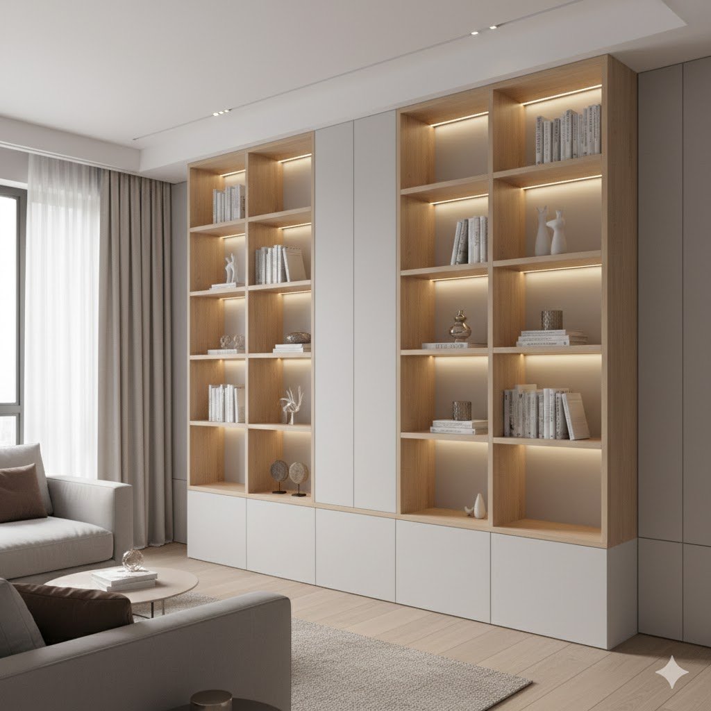 Lemari buku minimalis modern built-in dari lantai hingga plafon dengan kombinasi rak terbuka dan kabinet tertutup yang terlihat rapi dan menyatu dengan interior ruang keluarga modern