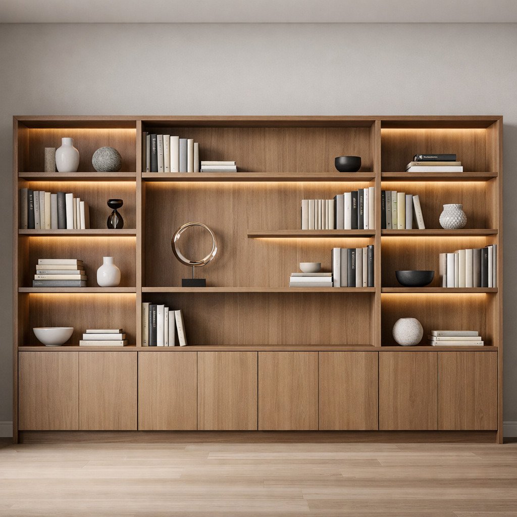 Lemari buku minimalis modern dengan kombinasi terbuka dan tertutup yang seimbang