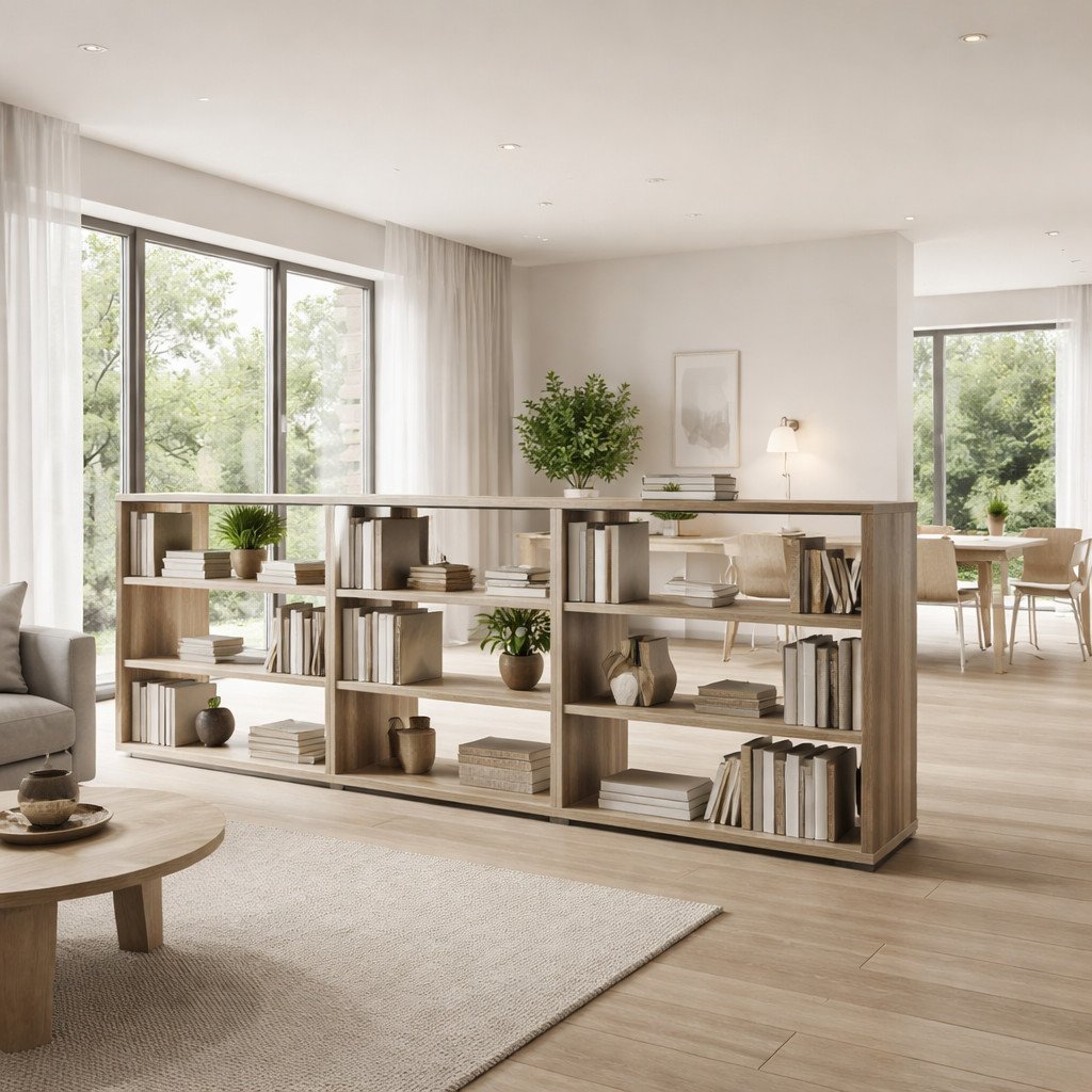 Lemari buku minimalis sebagai partisi ruang yang elegan dan fungsional
