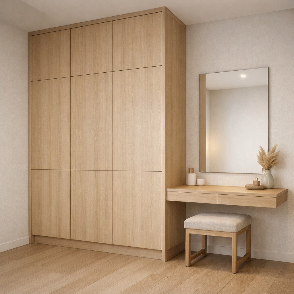 Lemari dan meja rias Japandi dengan nuansa kayu hangat yang menenangkan