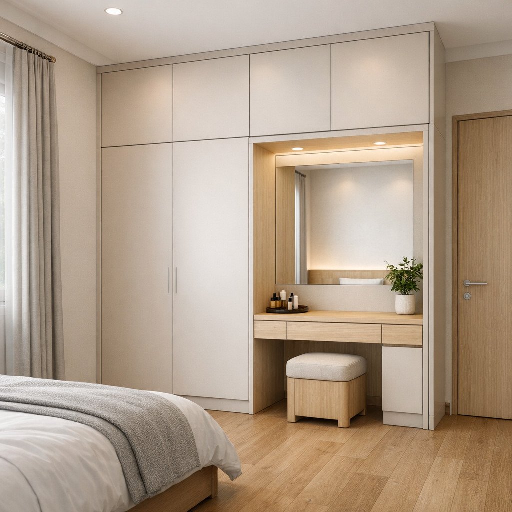 Lemari dan meja rias built-in yang rapi untuk kamar minimalis