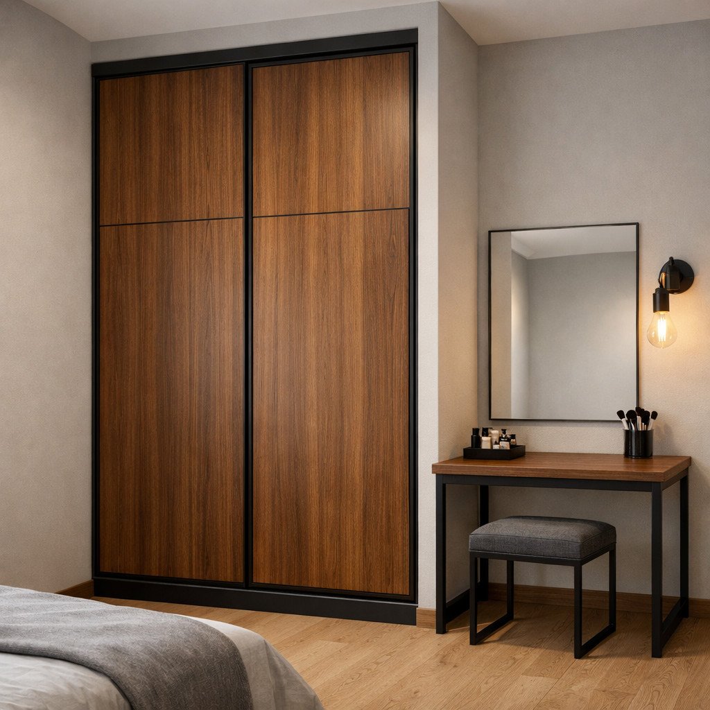 Lemari dan meja rias industrial minimalis dengan aksen metal elegan