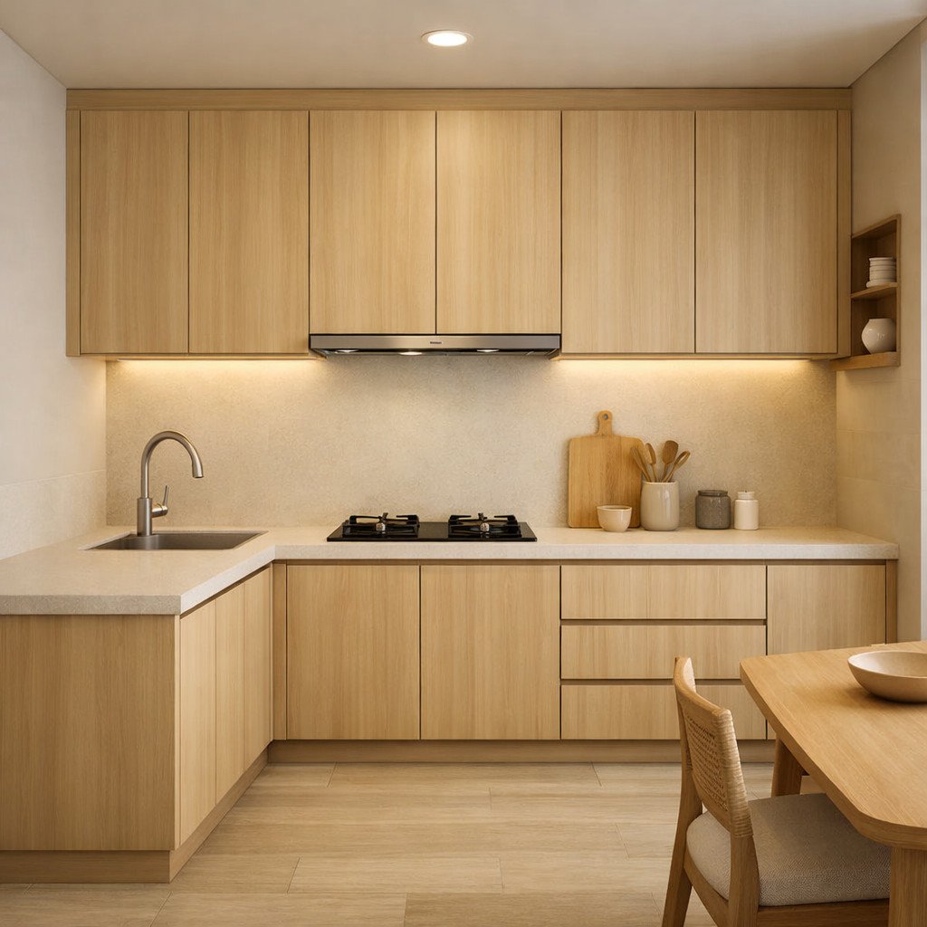 Lemari dapur Japandi dengan nuansa hangat dan minimalis yang tenang