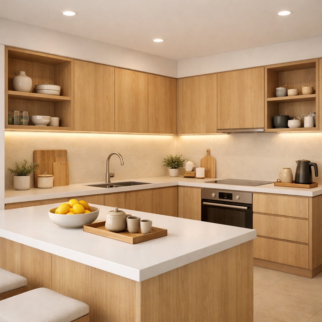 Lemari dapur Japandi minimalis yang hangat dan fungsional, cocok untuk ruangan kecil