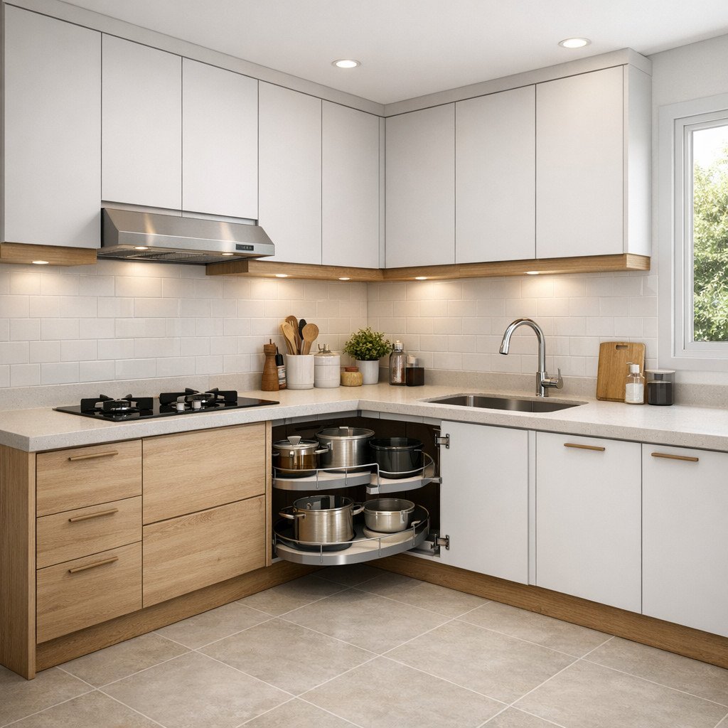 Lemari dapur L-shape yang memaksimalkan sudut dan ruang kerja