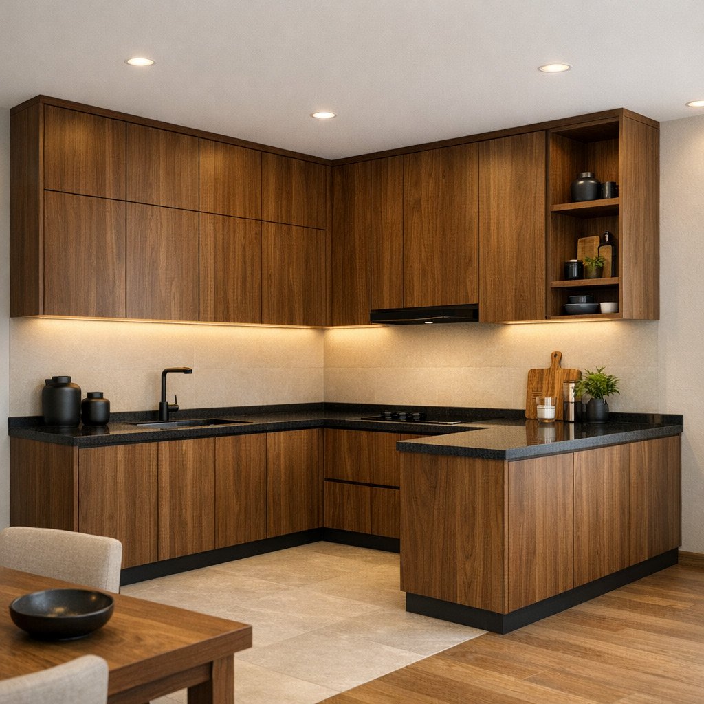 Lemari dapur kayu warna walnut menghadirkan nuansa elegan dan dewasa, dengan karakter kuat yang tetap hangat—pilihan ideal untuk dapur modern yang menyatu dengan ruang makan terbuka