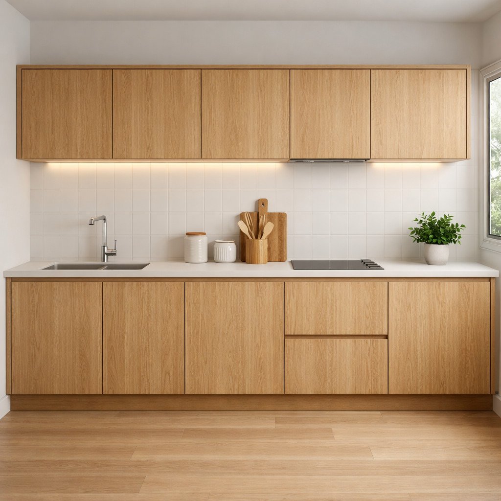 Lemari dapur minimalis dari kayu dengan finishing oak terang ini menghadirkan suasana hangat dan ringan, sekaligus membuat dapur kecil terasa lebih luas dan nyaman digunakan setiap hari