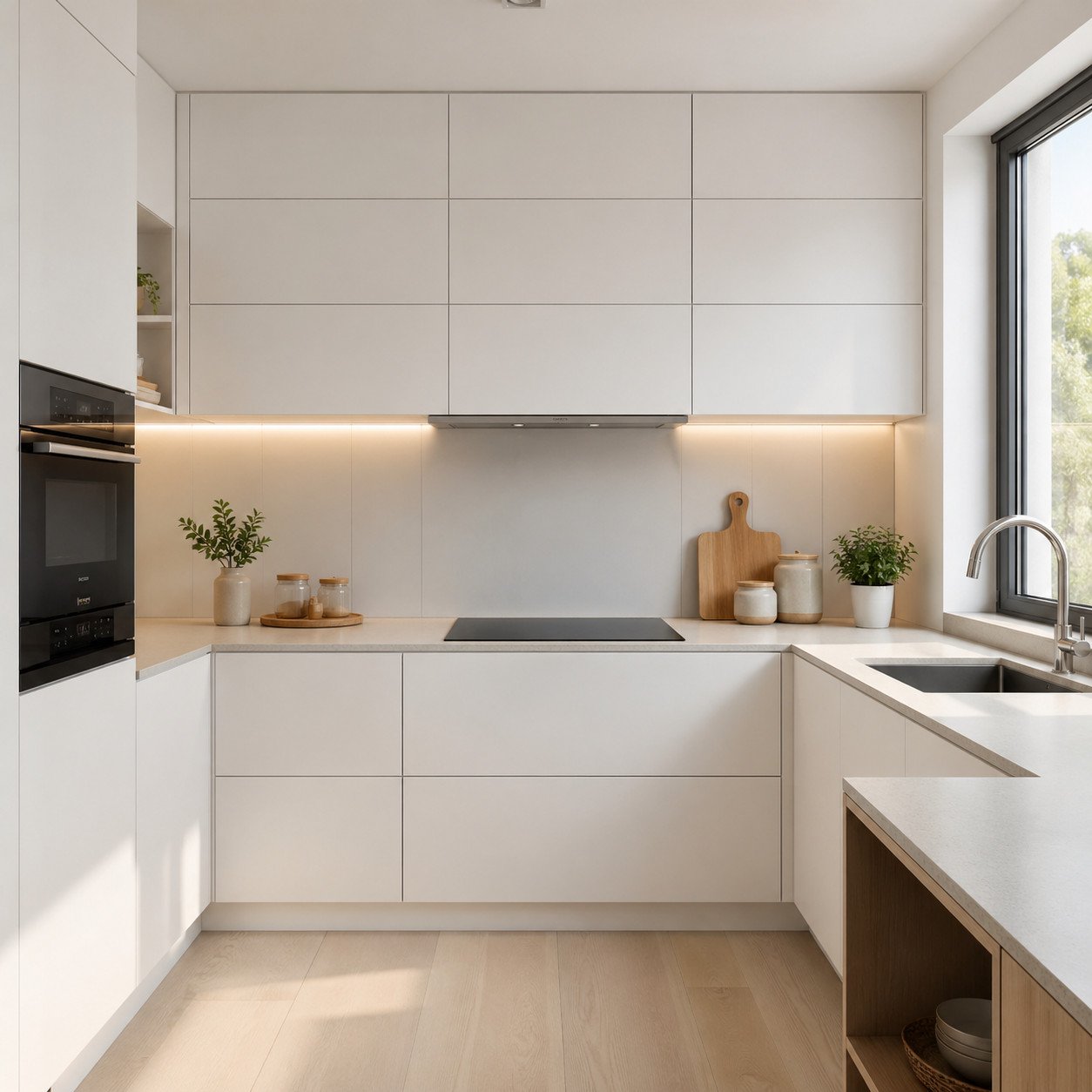 Lemari dapur minimalis dengan desain flat panel putih ini menghadirkan tampilan bersih dan modern, sekaligus membuat ruang terasa lebih luas—pilihan tepat untuk dapur kecil yang tetap ingin tampil elegan dan fungsional