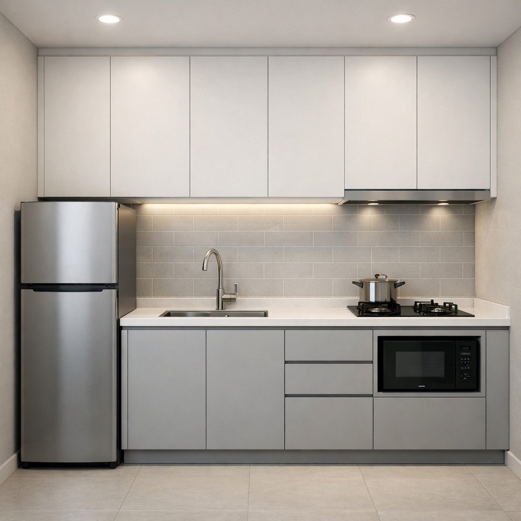 Lemari dapur minimalis dengan desain linear yang sederhana dan efisien